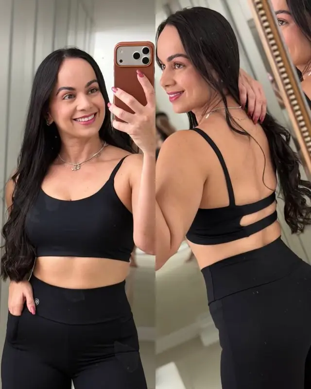 Conjunto top e short preto, de frente e de costas